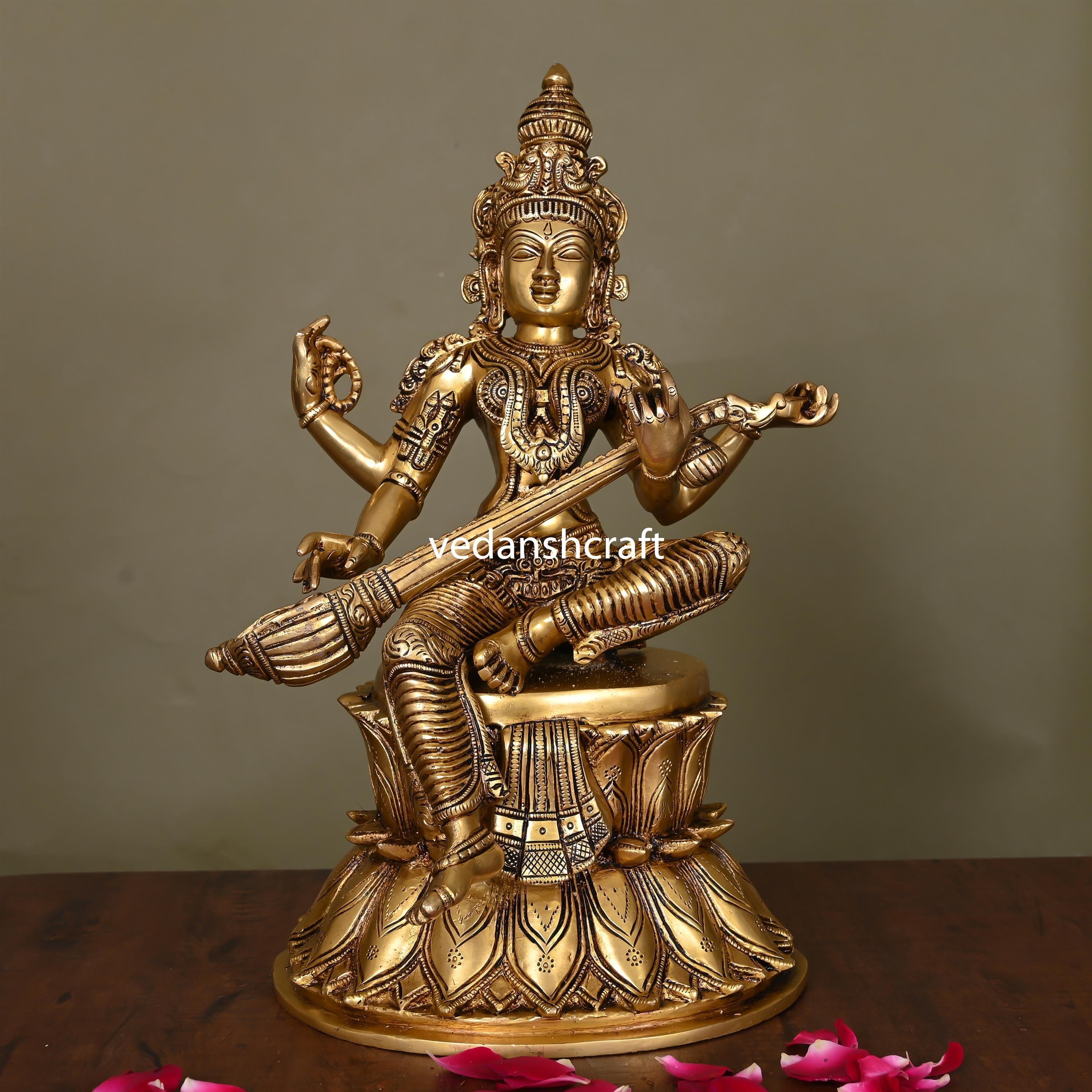 Brass Goddess Sitting Saraswati Idol (14.5") Vedansh Craft