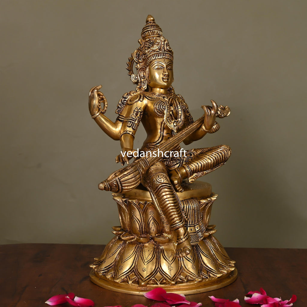 Brass Goddess Sitting Saraswati Idol (14.5") Vedansh Craft