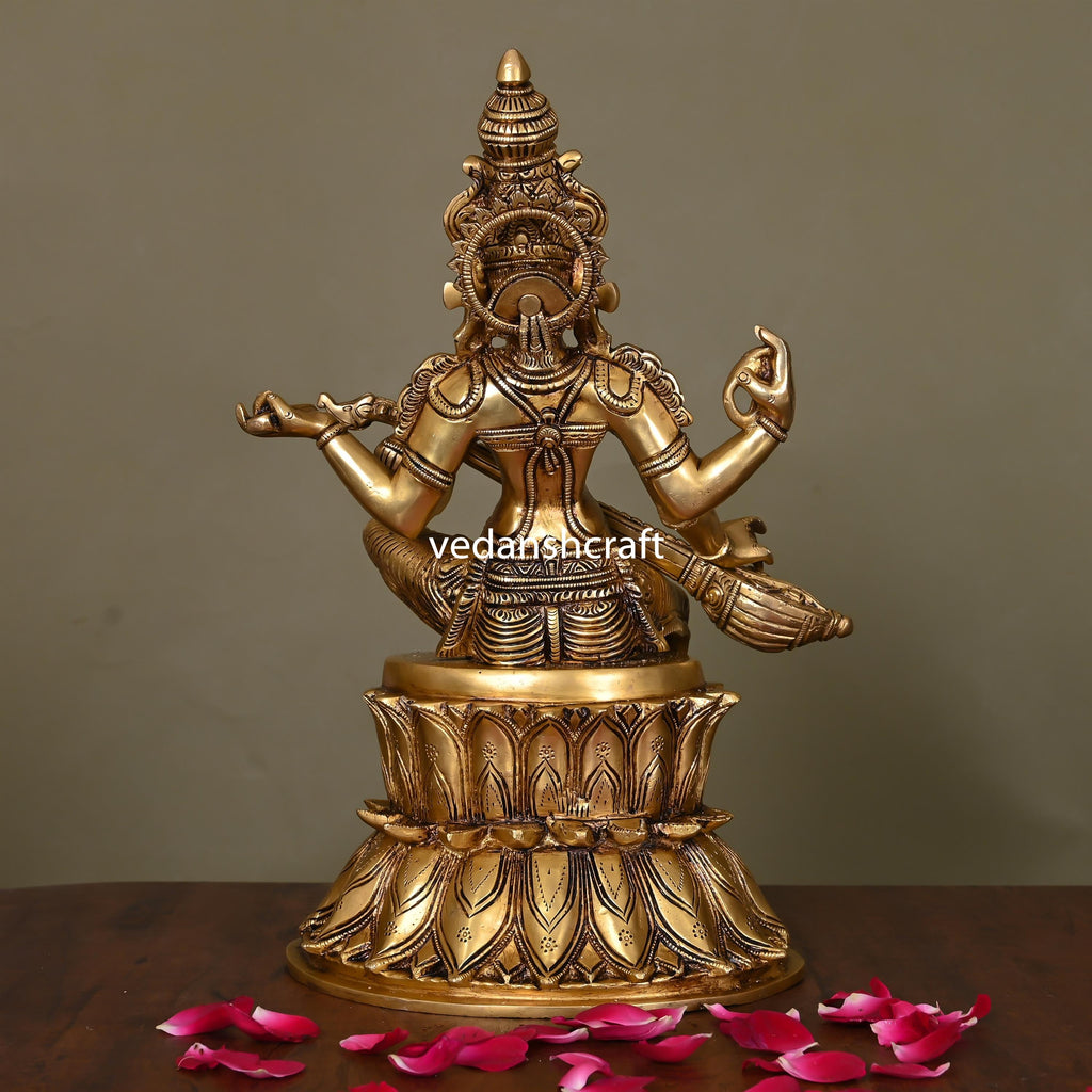 Brass Goddess Sitting Saraswati Idol (14.5") Vedansh Craft