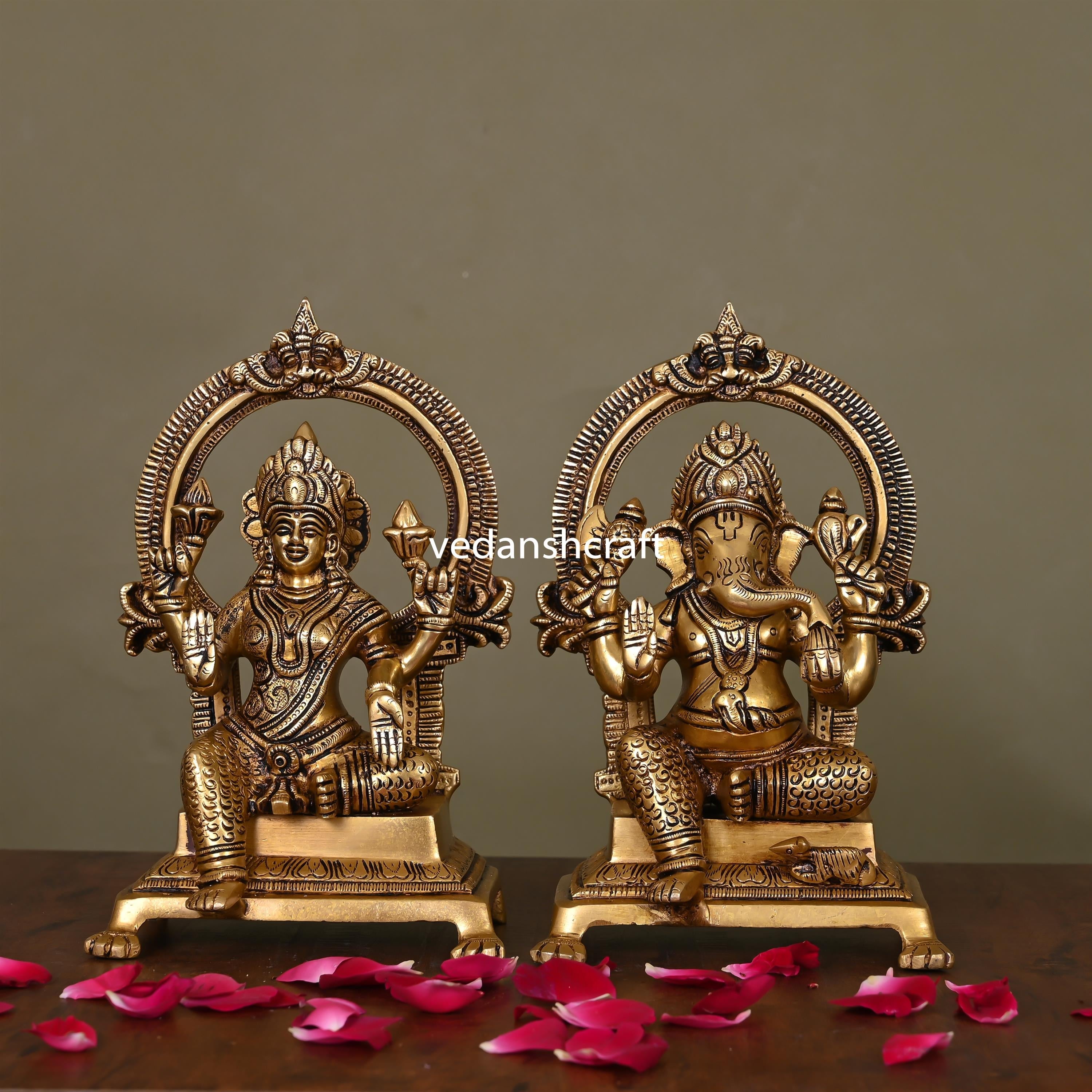 Brass Superfine Sitting Ganesh And Lakshmi On Throne Idol (8.8) Vedansh Craft
