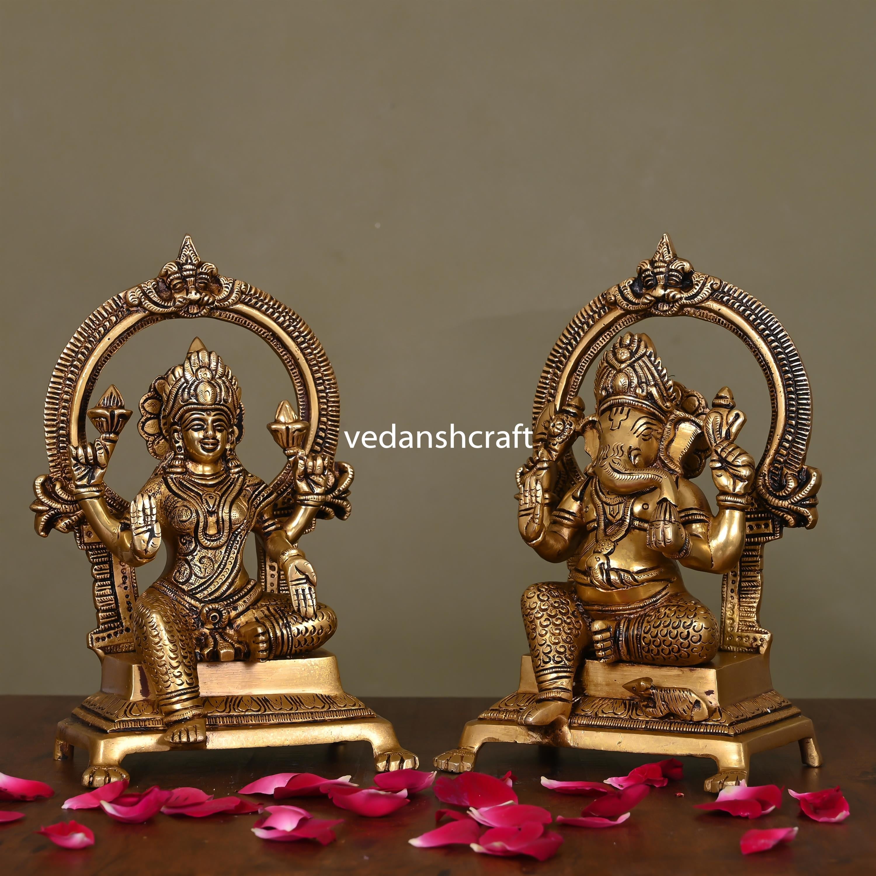Brass Superfine Sitting Ganesh And Lakshmi On Throne Idol (8.8) Vedansh Craft