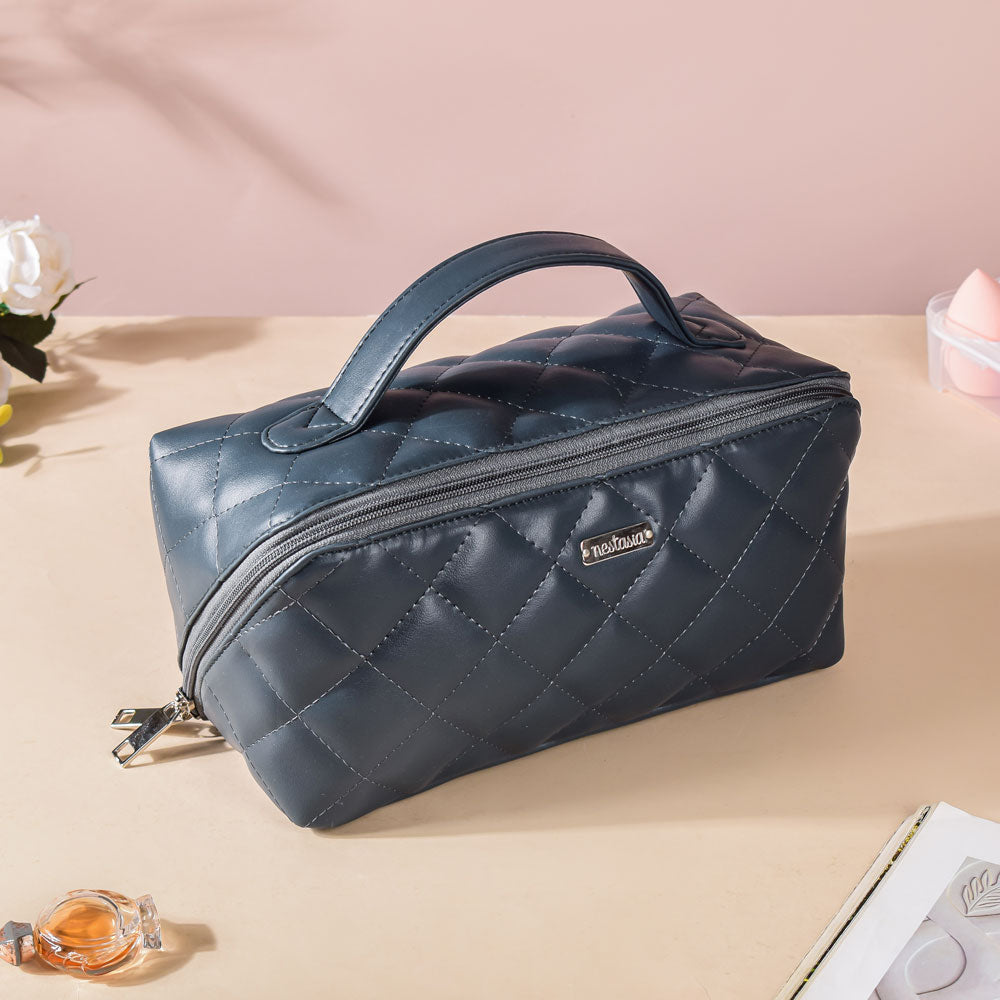 Makeup Pouch With Diagonal Side Zip Blue Grey Large Nestasia