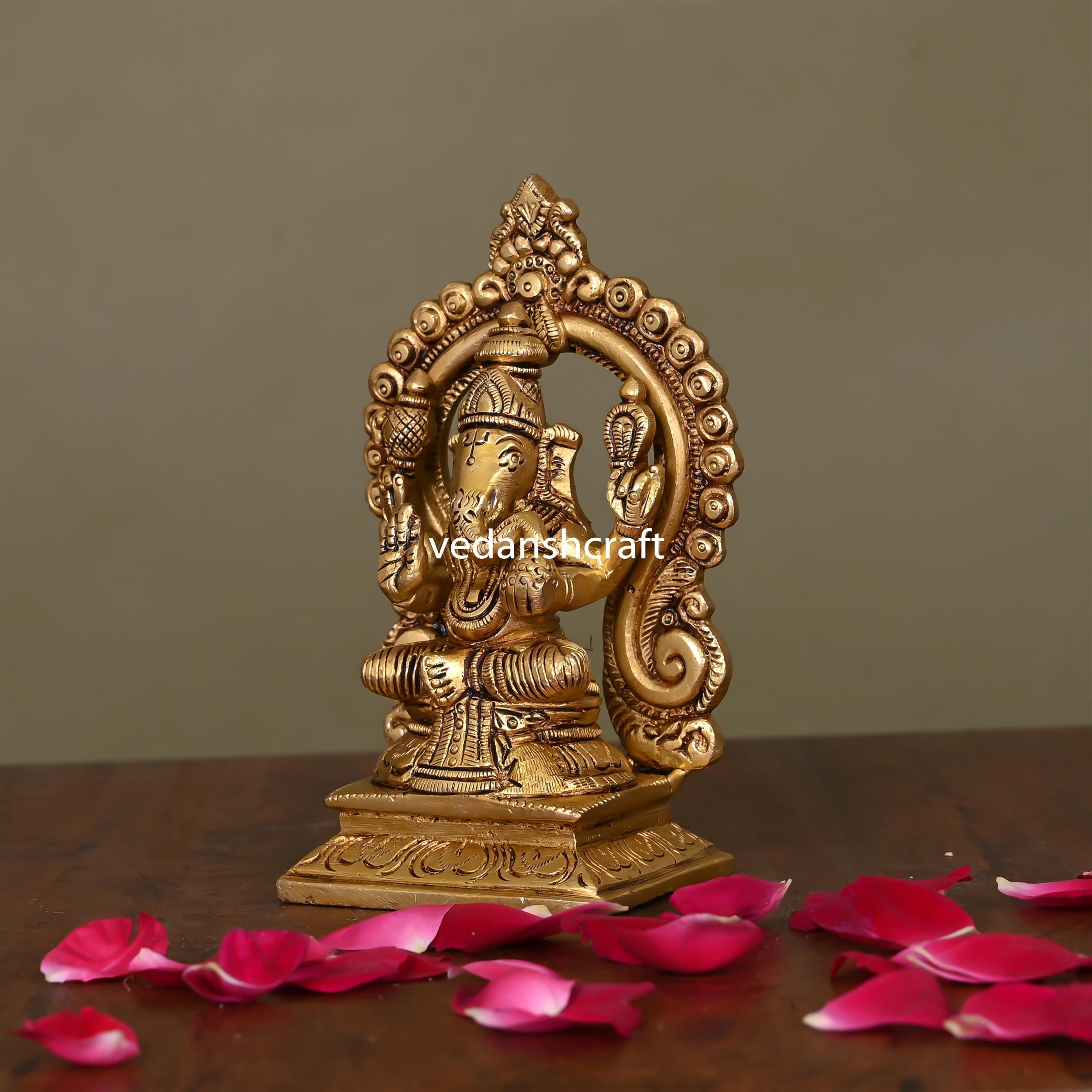 Brass Superfine Sitting Ganesha On Throne Idol (5.8 Inch) Vedansh Craft