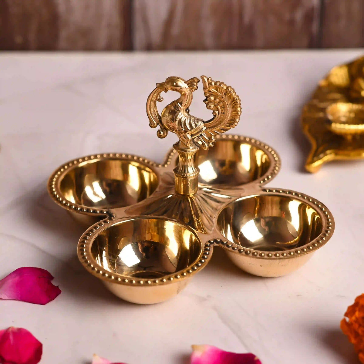 Brass Peacock Design Four Petal Chopra / Pooja Plate (3.5 Inch) Vedansh Craft