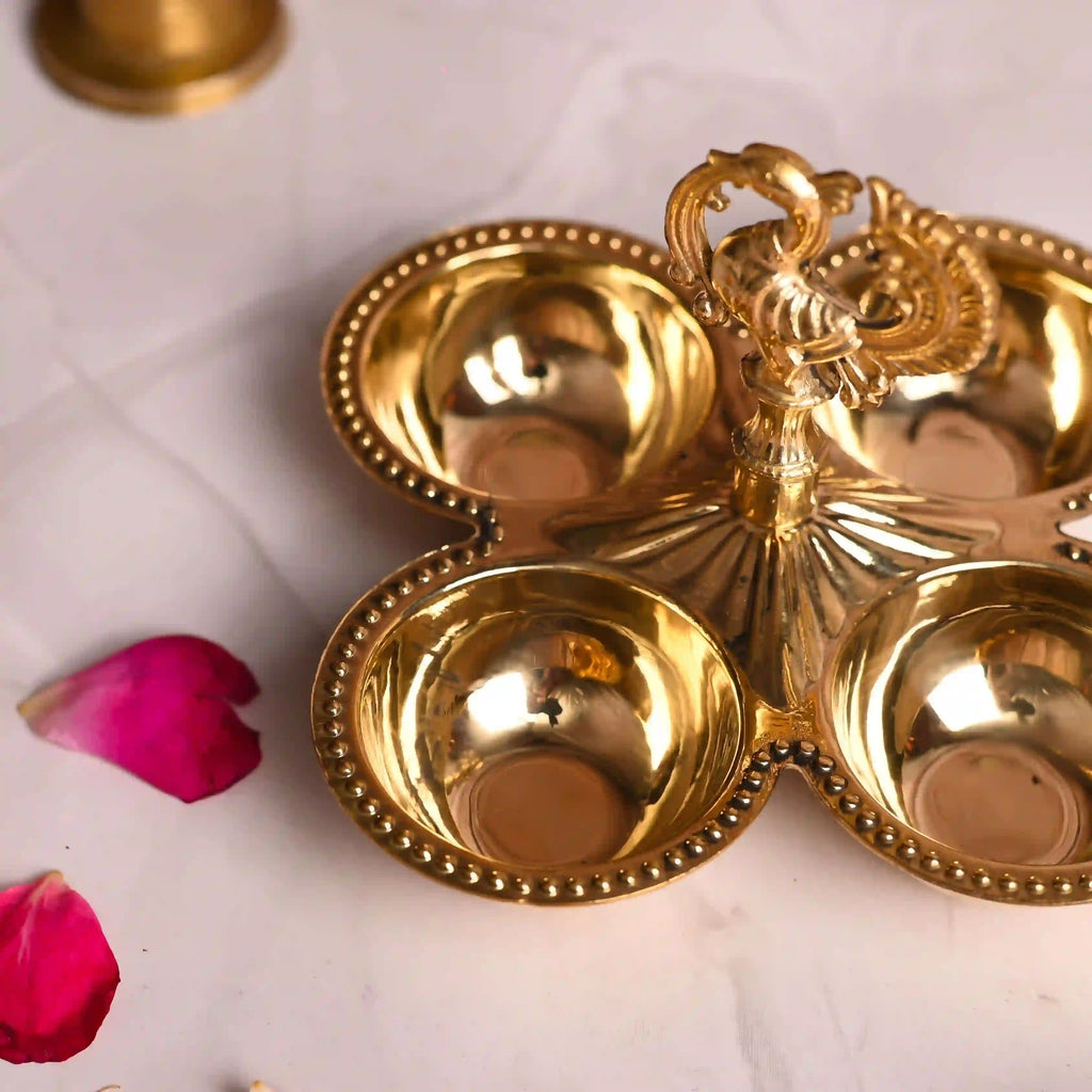 Brass Peacock Design Four Petal Chopra / Pooja Plate (3.5 Inch) Vedansh Craft