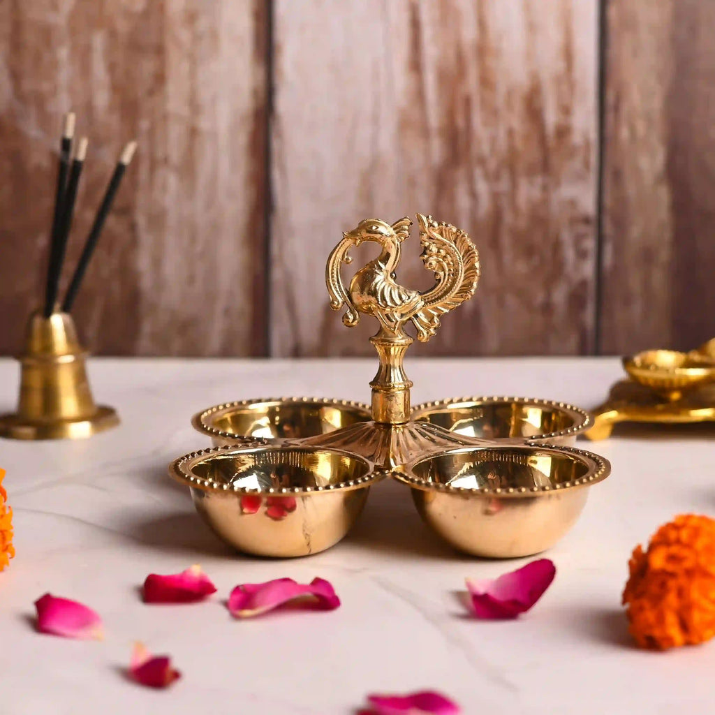 Brass Peacock Design Four Petal Chopra / Pooja Plate (3.5 Inch) Vedansh Craft