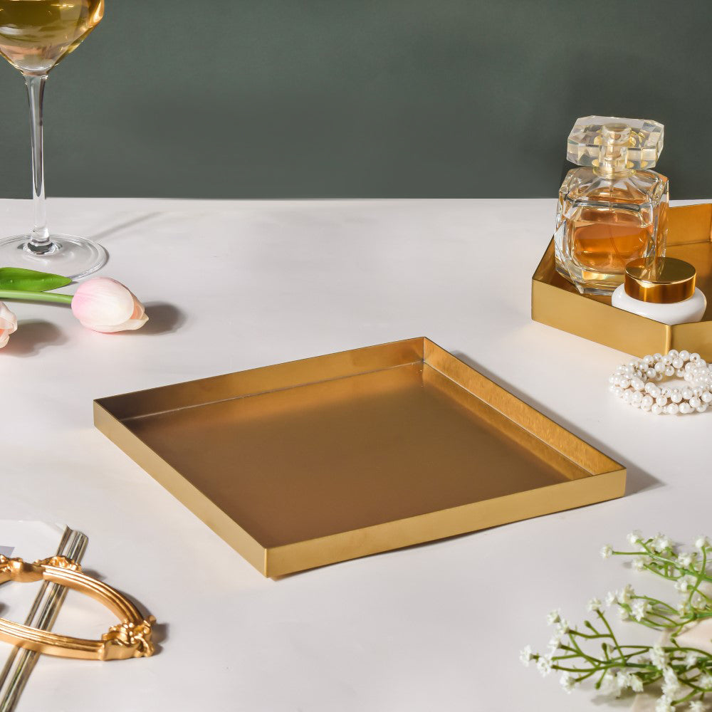 Metal Square Vanity Tray Golden 8 Inch Nestasia