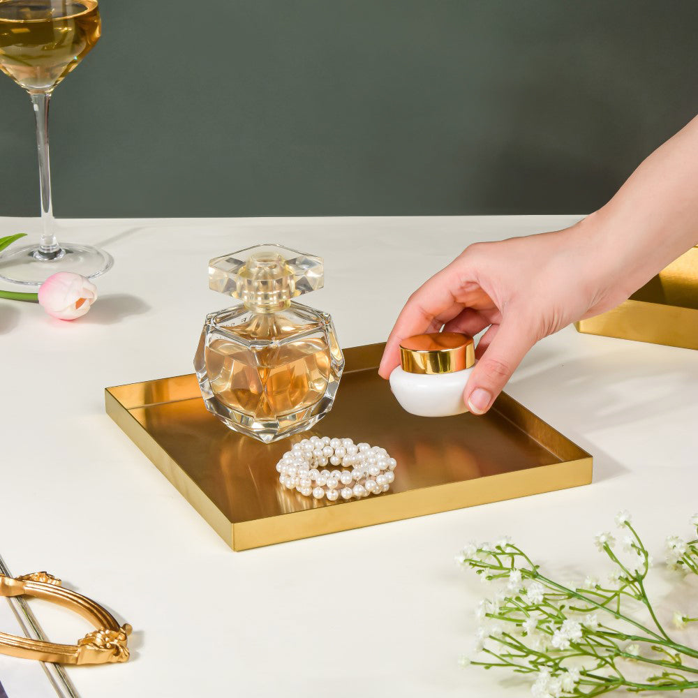 Metal Square Vanity Tray Golden 8 Inch Nestasia