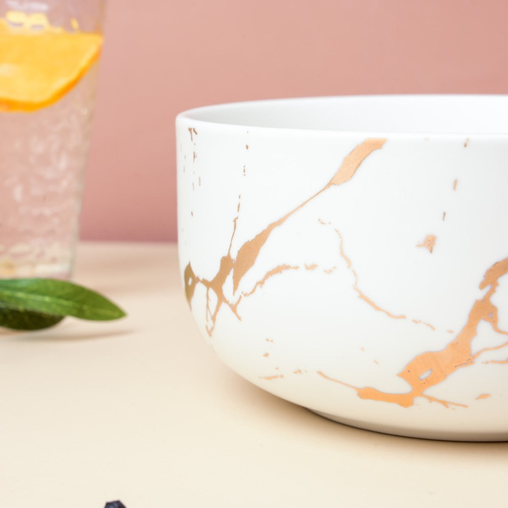 Gold Detailed Marble Ceramic Serving Bowl White Nestasia
