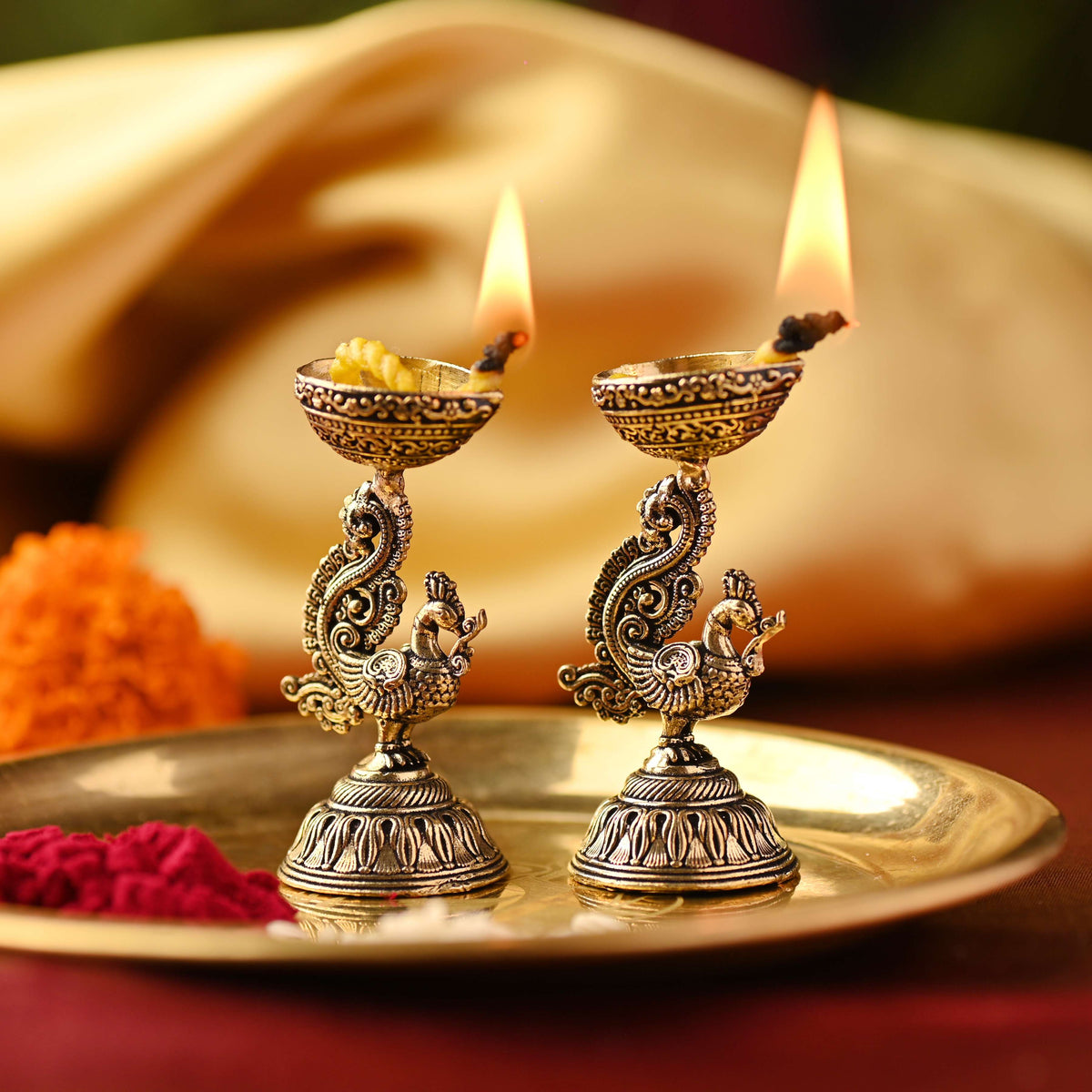 Brass Peacock Lightweight Diya Pair Vedansh Craft
