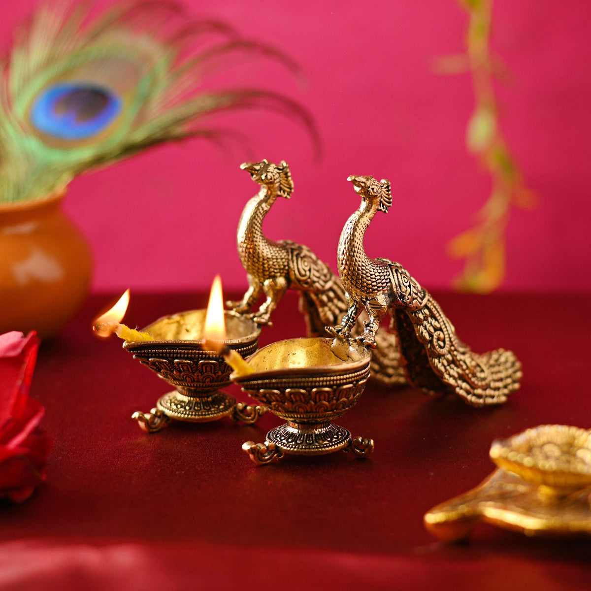 Brass Peacock Lightweight Diya Pair (3.3 Inch) Vedansh Craft