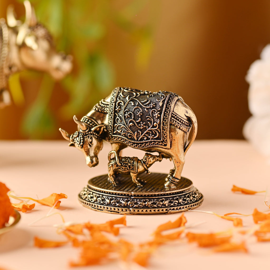 Brass Silver Plated Kamdhenu Cow With Calf Lightweight Idol (2 Inch) Vedansh Craft