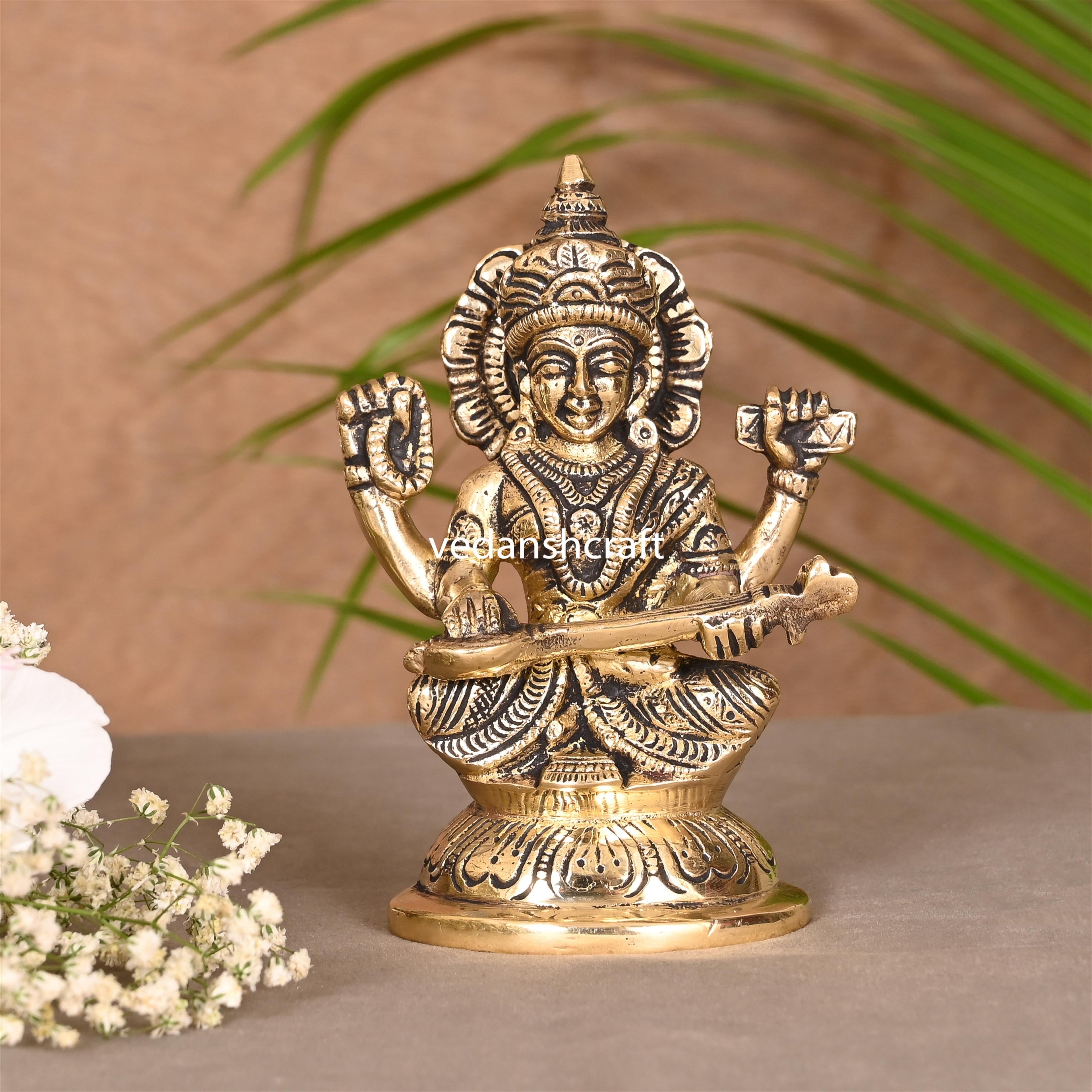 Brass Goddess Sitting Saraswati Idol (4.5 Inch) Vedansh Craft