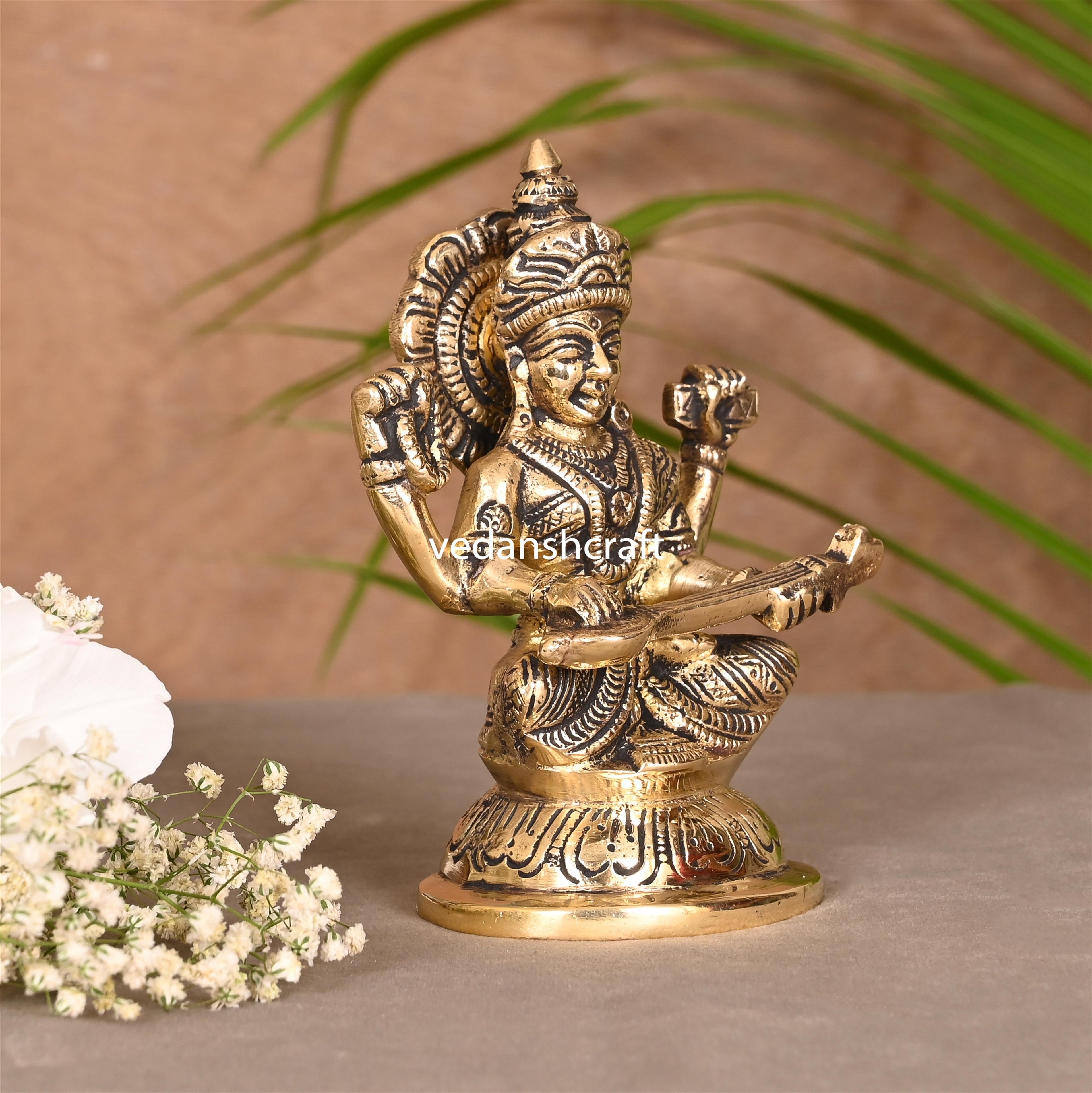 Brass Goddess Sitting Saraswati Idol (4.5 Inch) Vedansh Craft