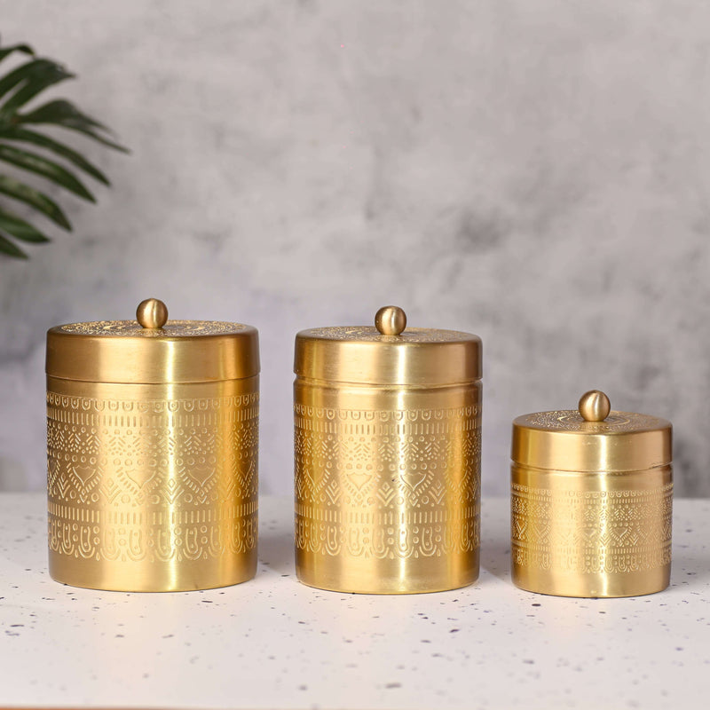 Brass Etching Storage Jars with Lids (Set of 3) Vedansh Craft