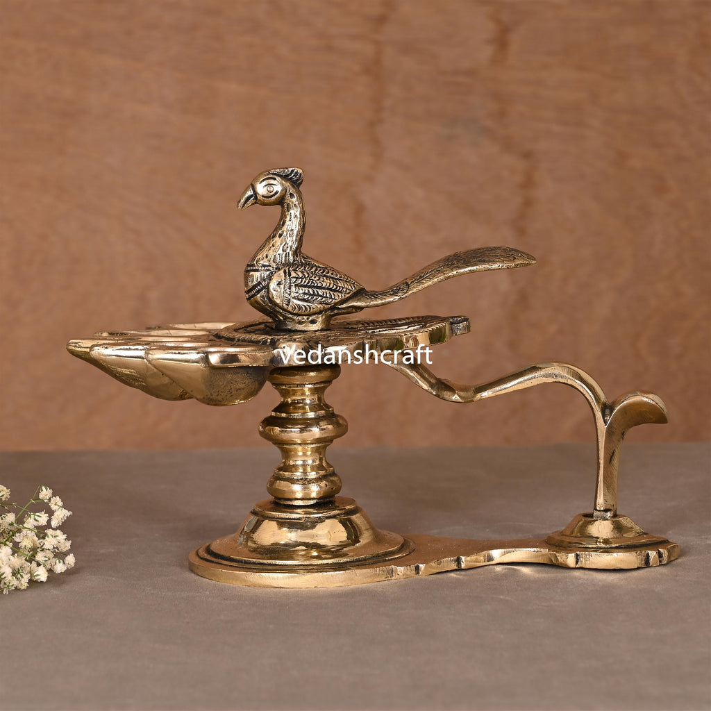Brass Peacock Panch Aarti With Handle (7.5 Inch) Vedansh Craft
