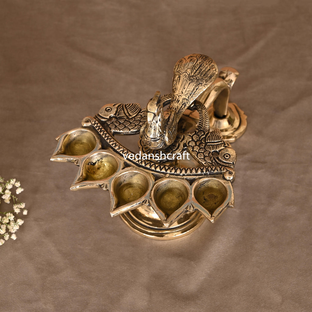 Brass Peacock Panch Aarti With Handle (7.5 Inch) Vedansh Craft