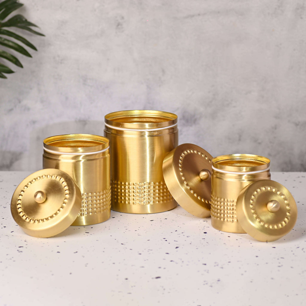 Brass Half Hammered Storage Jars with Lids (Set of 3) Vedansh Craft