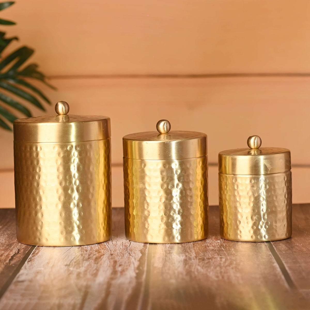 Brass Hammered Storage Jars with Lids (Set of 3) Vedansh Craft