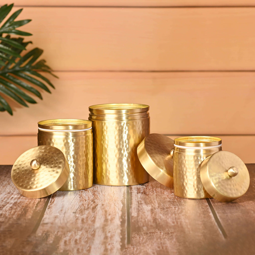 Brass Hammered Storage Jars with Lids (Set of 3) Vedansh Craft