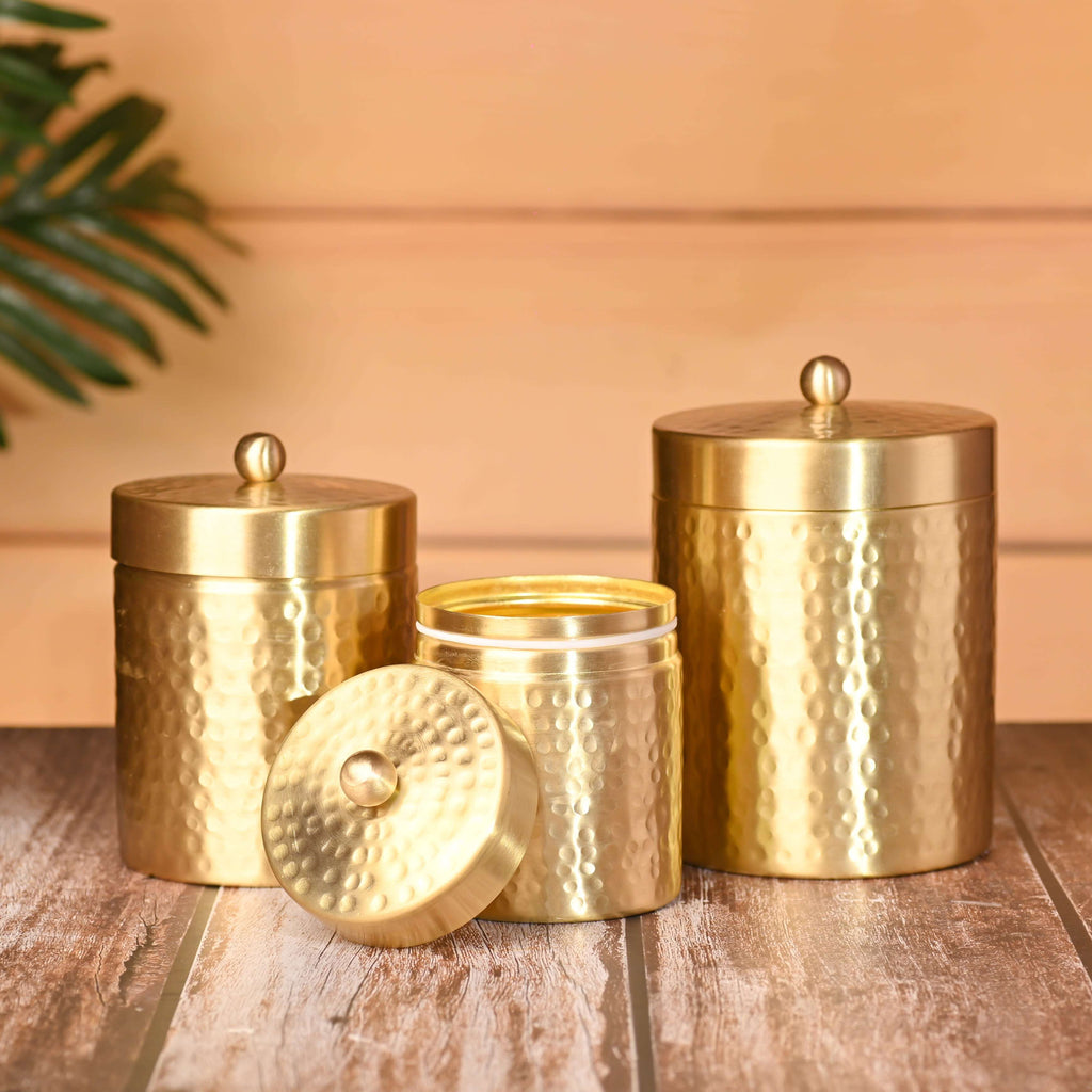 Brass Hammered Storage Jars with Lids (Set of 3) Vedansh Craft