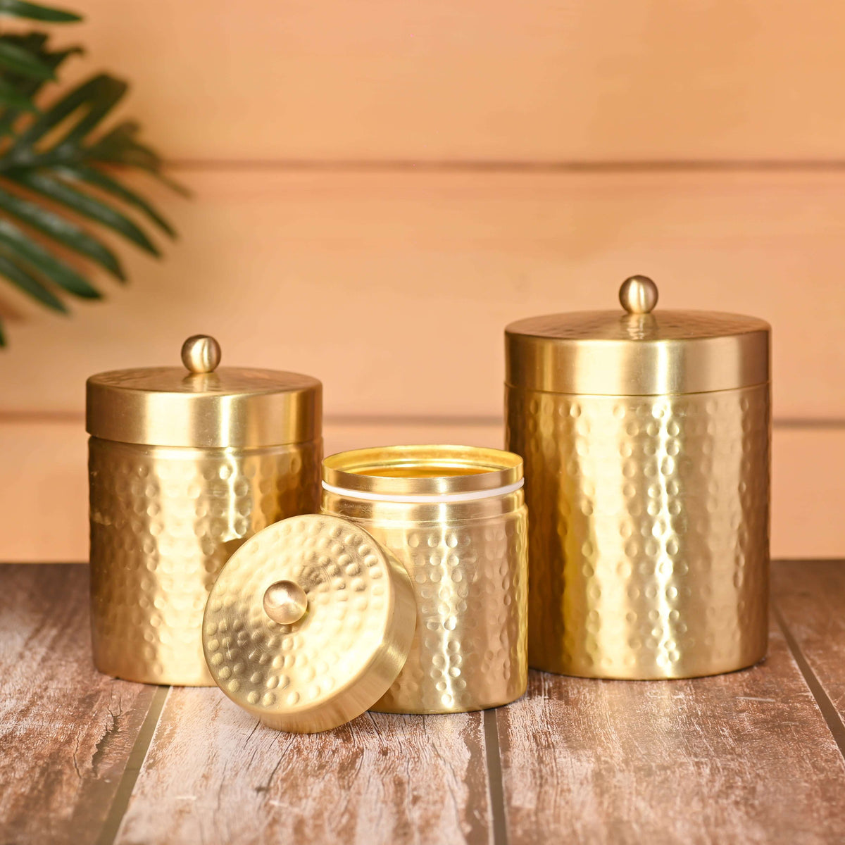 Brass Hammered Storage Jars with Lids (Set of 3) Vedansh Craft