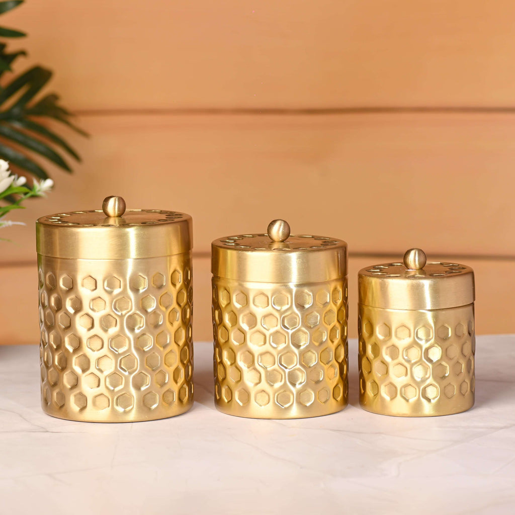 Brass Diamond Hammered Storage Jars with Lids – Set of 3 Premium Containers Vedansh Craft