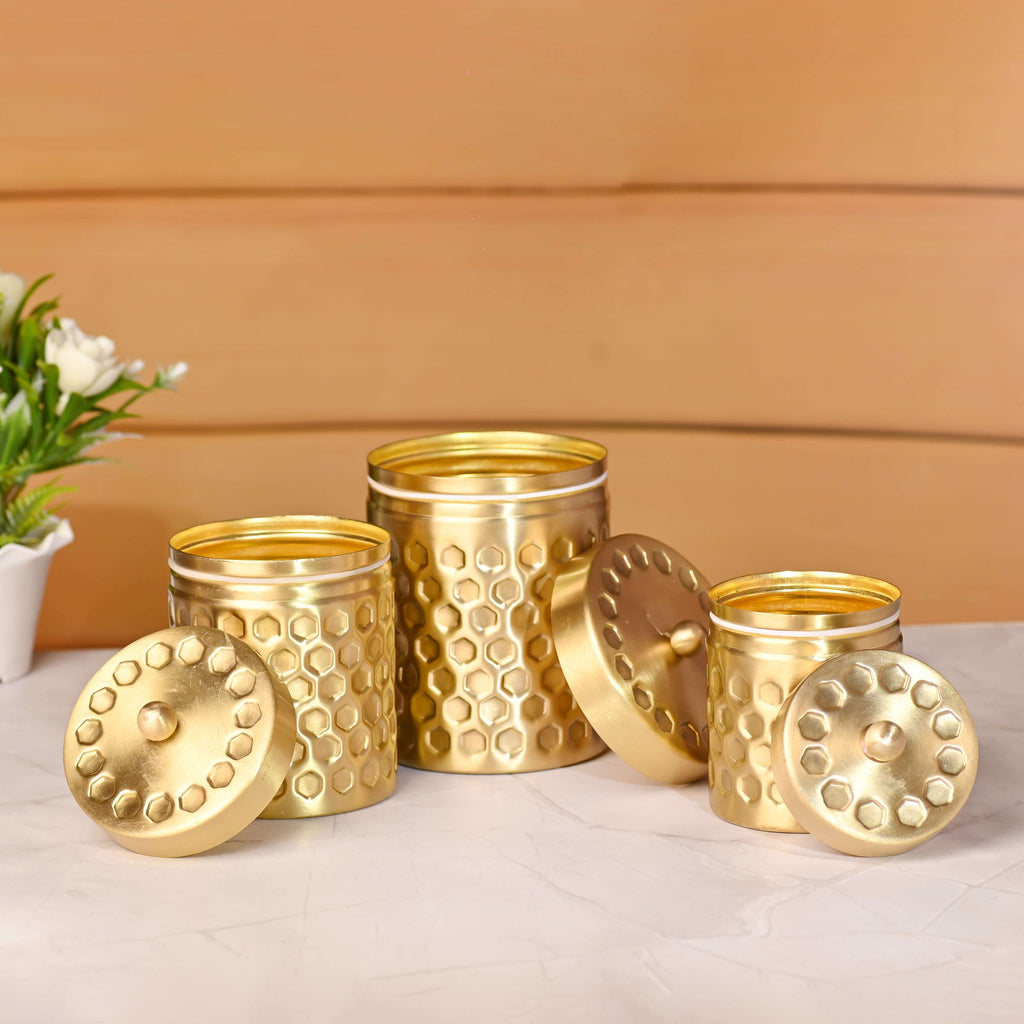 Brass Diamond Hammered Storage Jars with Lids – Set of 3 Premium Containers Vedansh Craft