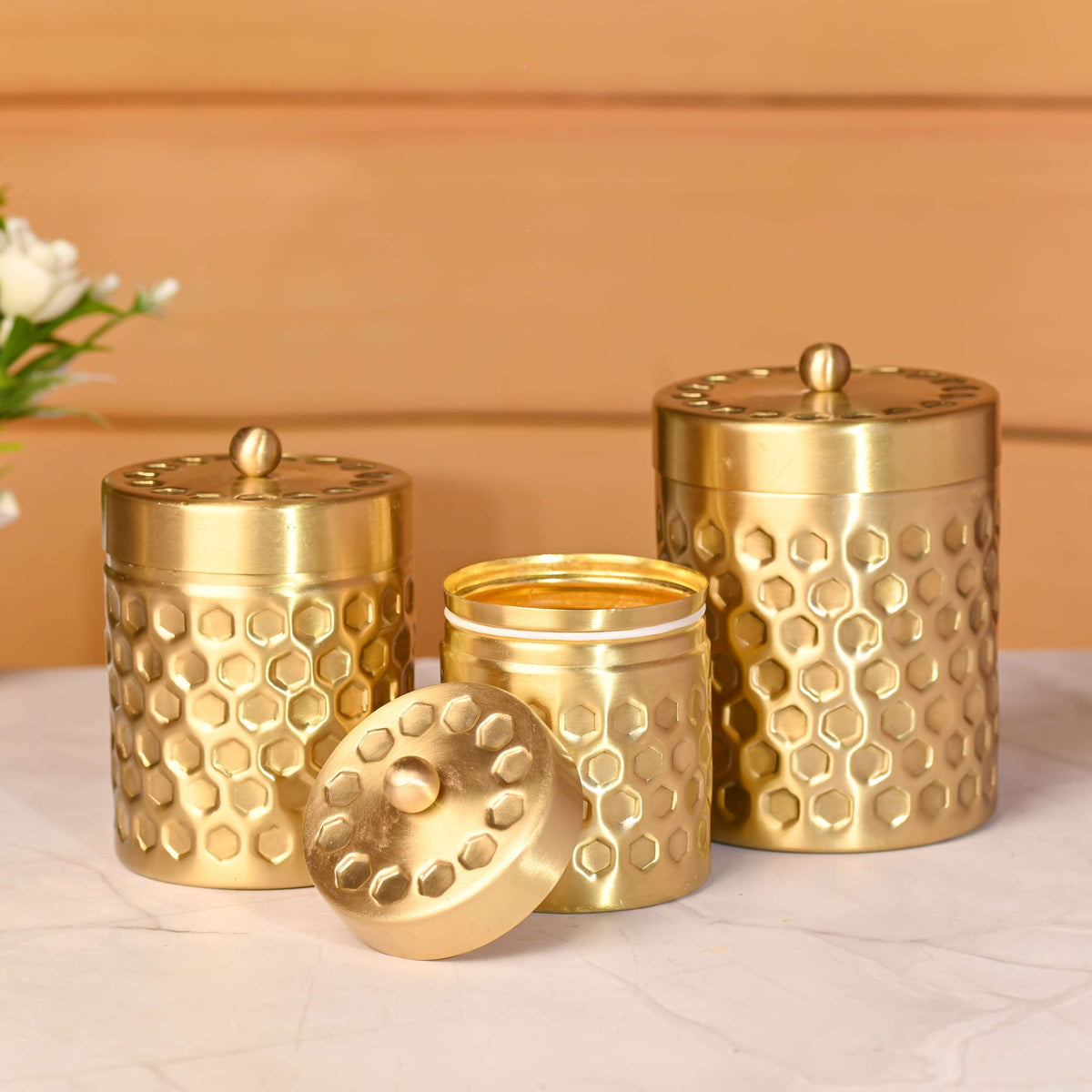 Brass Diamond Hammered Storage Jars with Lids – Set of 3 Premium Containers Vedansh Craft