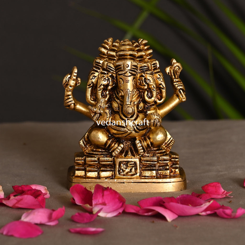 Brass Panchmukhi Sitting Ganesha Sitting Idol (3.2 Inch) Vedansh Craft