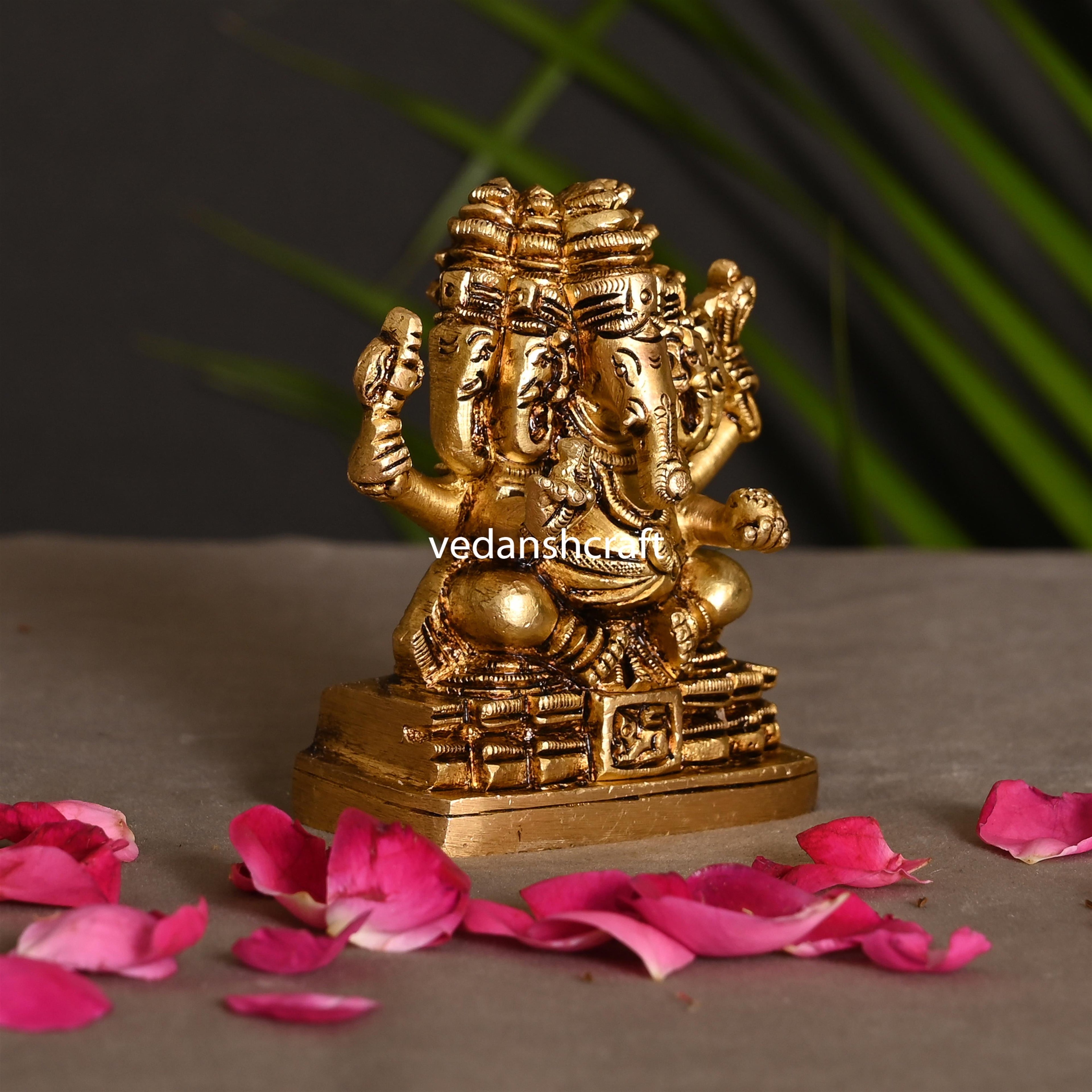 Brass Panchmukhi Sitting Ganesha Sitting Idol (3.2 Inch) Vedansh Craft