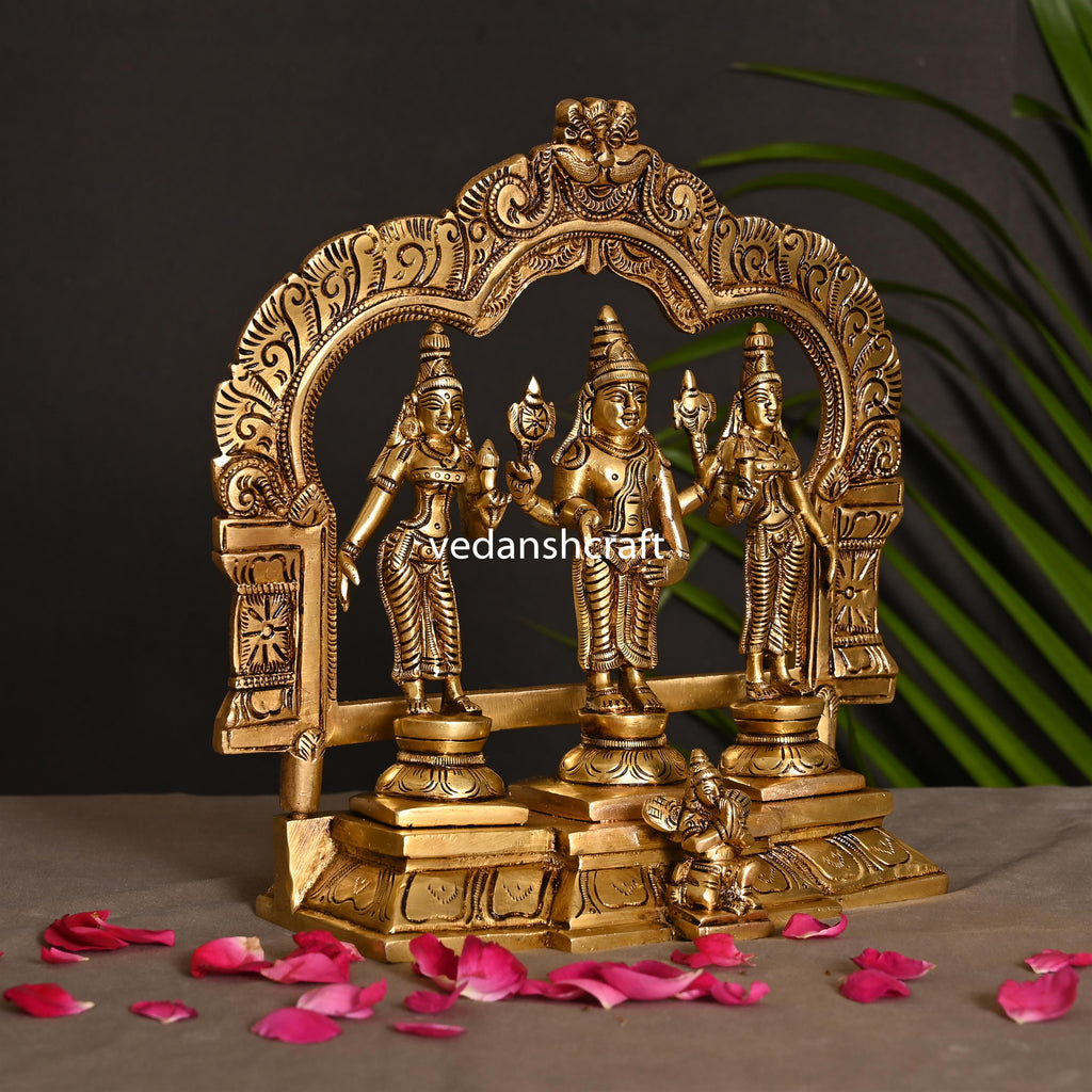 Brass Lord Balaji, Sri Devi And Bhudevi With Prabhavali Frame (8.8 Inch) Vedansh Craft
