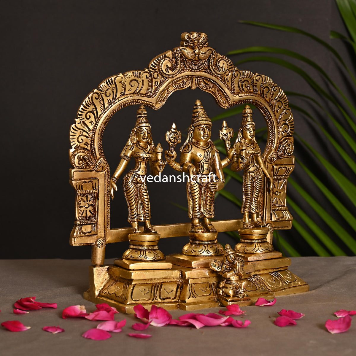 Brass Lord Balaji, Sri Devi And Bhudevi With Prabhavali Frame (8.8 Inch) Vedansh Craft
