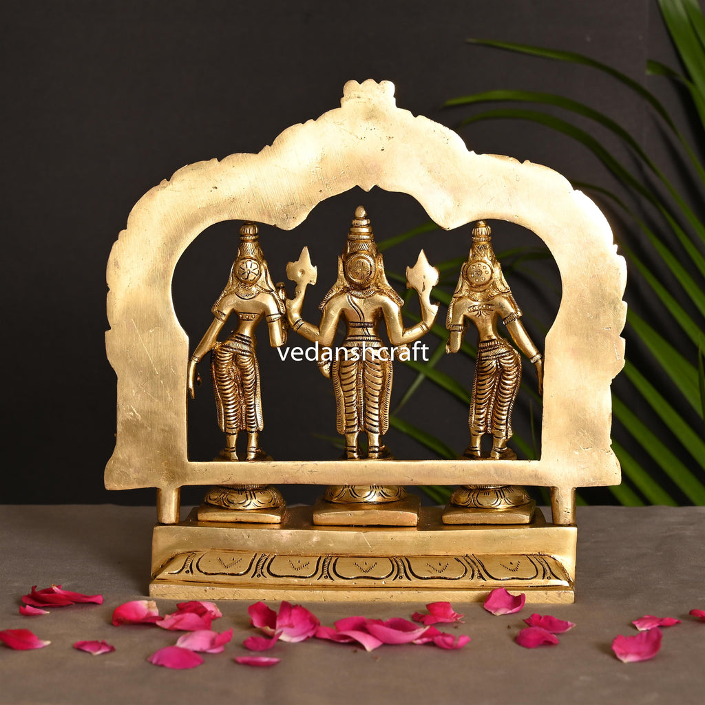 Brass Lord Balaji, Sri Devi And Bhudevi With Prabhavali Frame (8.8 Inch) Vedansh Craft