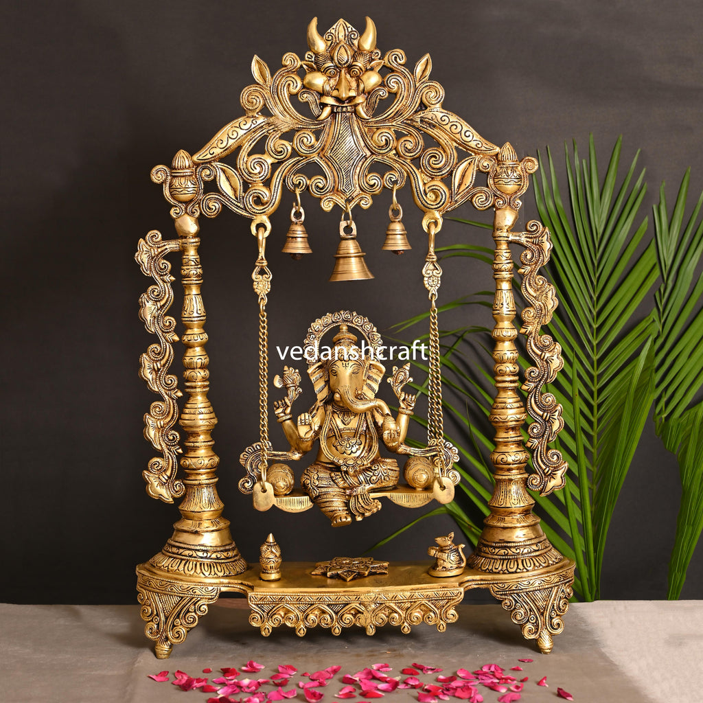 Brass Superfine Sitting Ganesha On Swing With Hanging Bells (25.5") Vedansh Craft