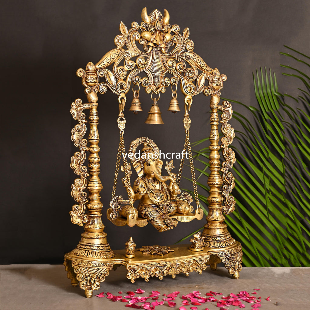 Brass Superfine Sitting Ganesha On Swing With Hanging Bells (25.5") Vedansh Craft