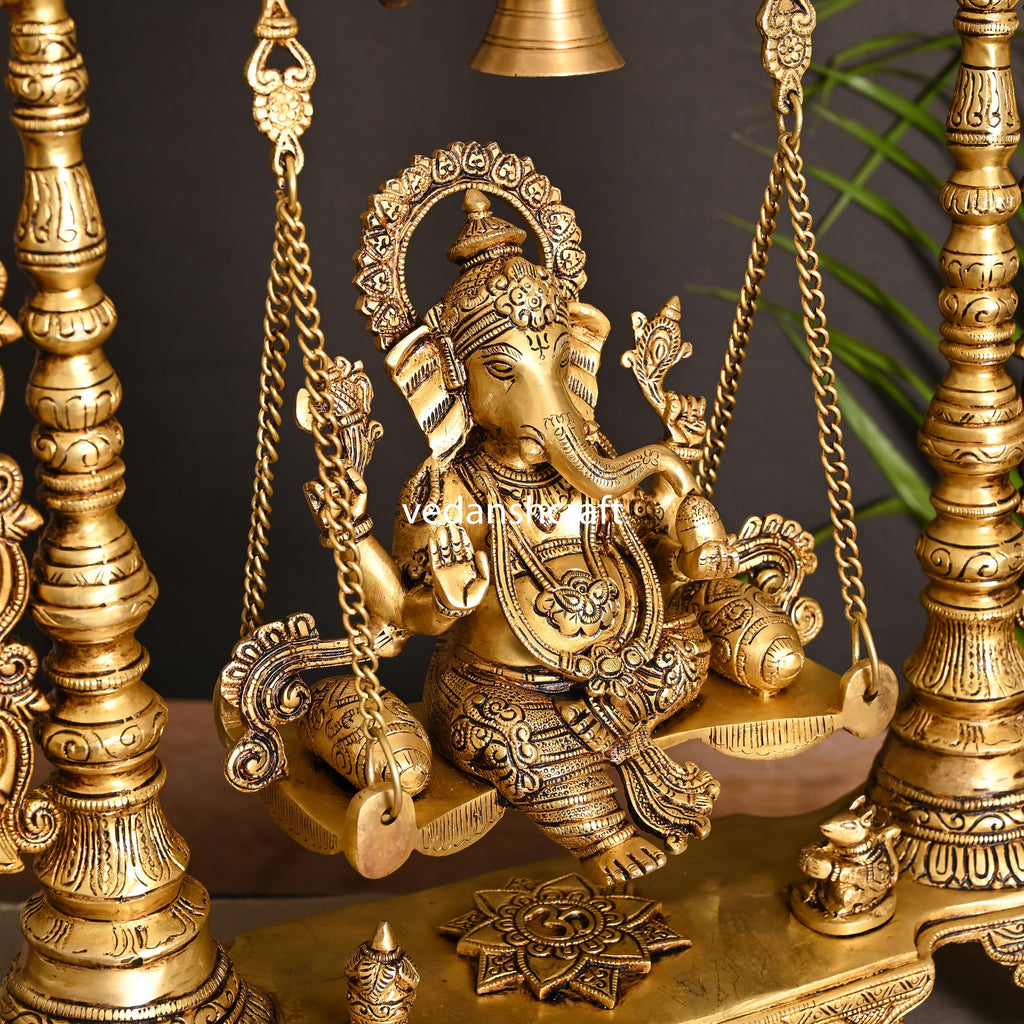 Brass Superfine Sitting Ganesha On Swing With Hanging Bells (25.5") Vedansh Craft