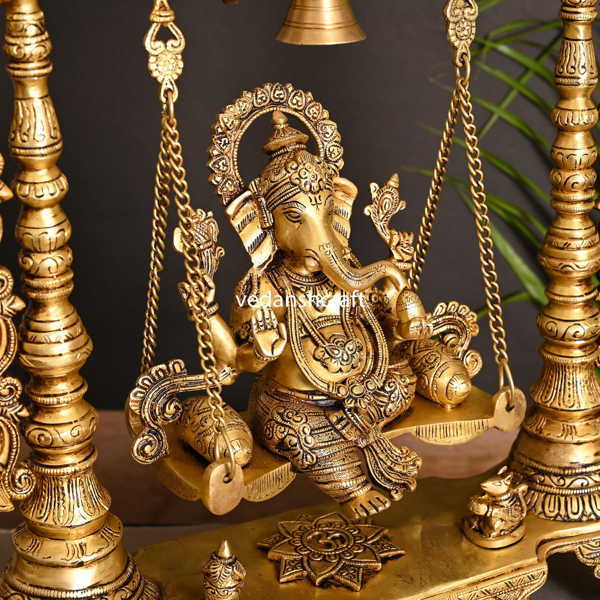 Brass Superfine Sitting Ganesha On Swing With Hanging Bells (25.5") Vedansh Craft