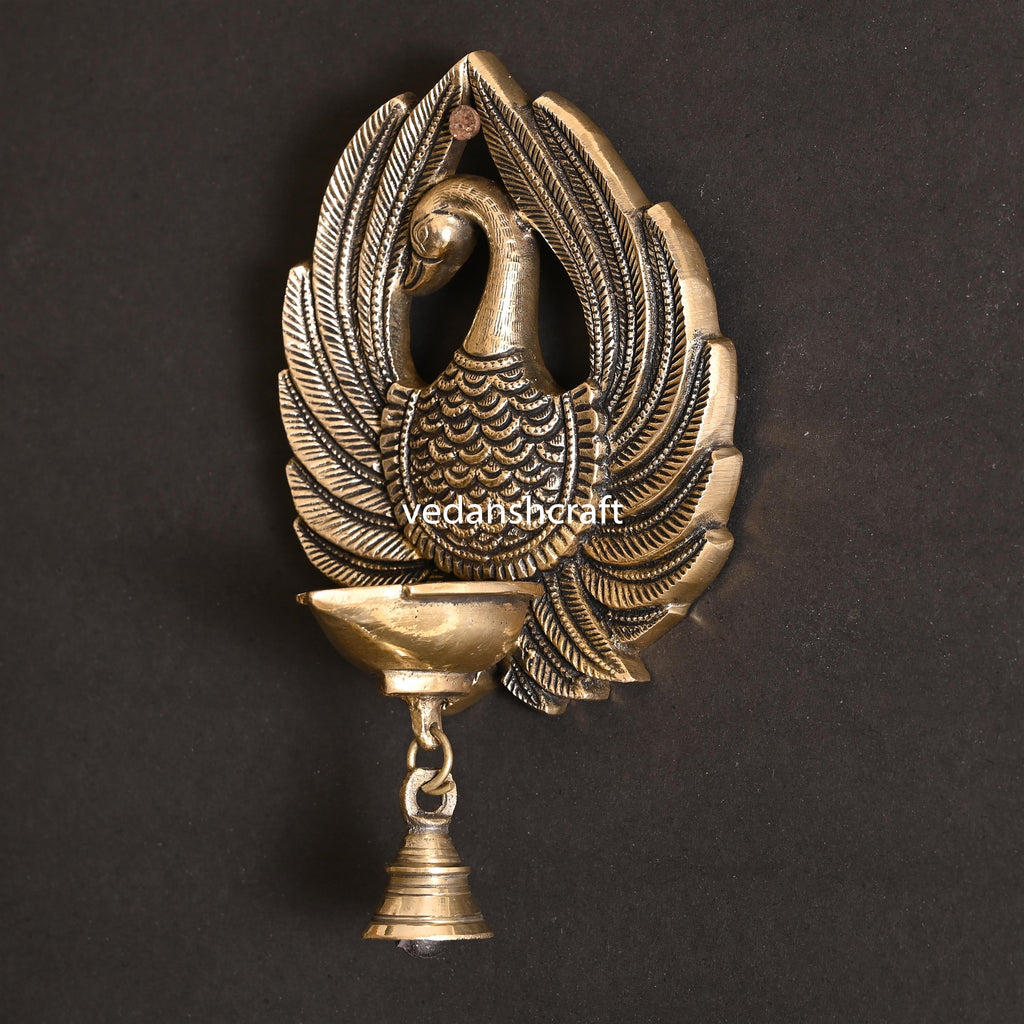 Brass Peacock Wall Hanging Diya With Bell (8 Inch) Vedansh Craft