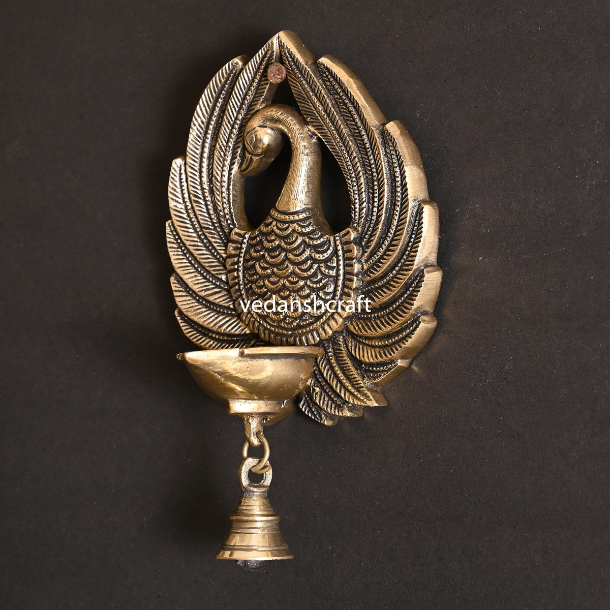Brass Peacock Wall Hanging Diya With Bell (8 Inch) Vedansh Craft