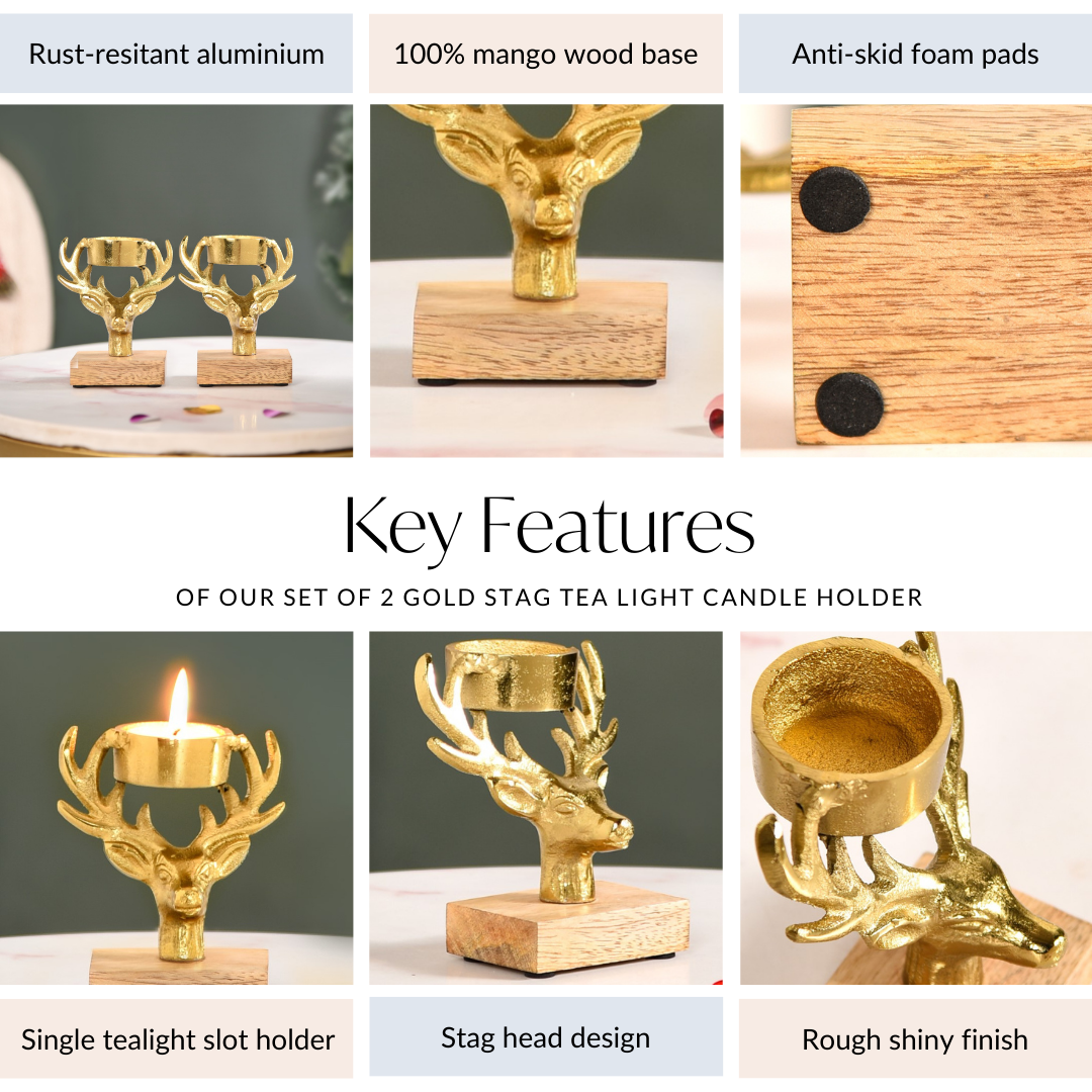 Set Of 2 Gold Stag Tea Light Candle Holder Nestasia