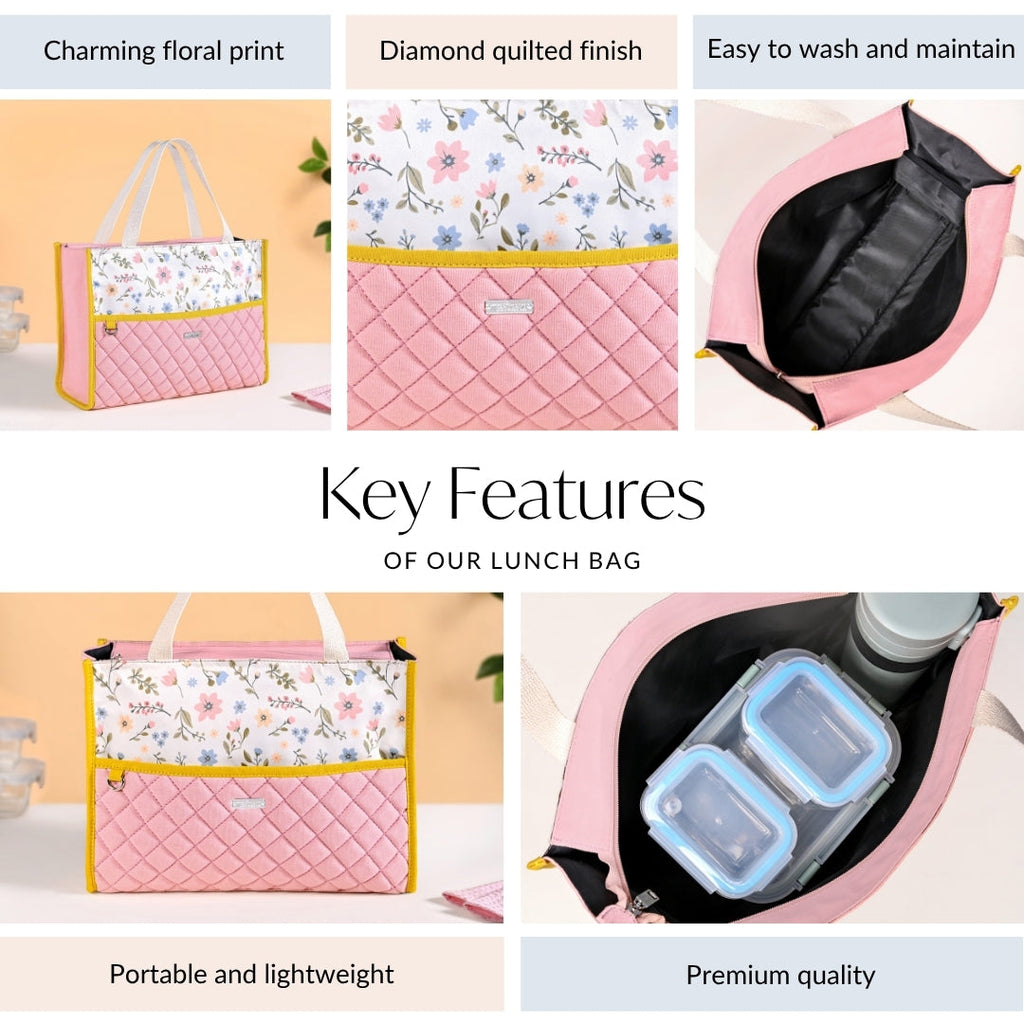 Floral Pink Quilted Multipurpose Lunch Bag Nestasia