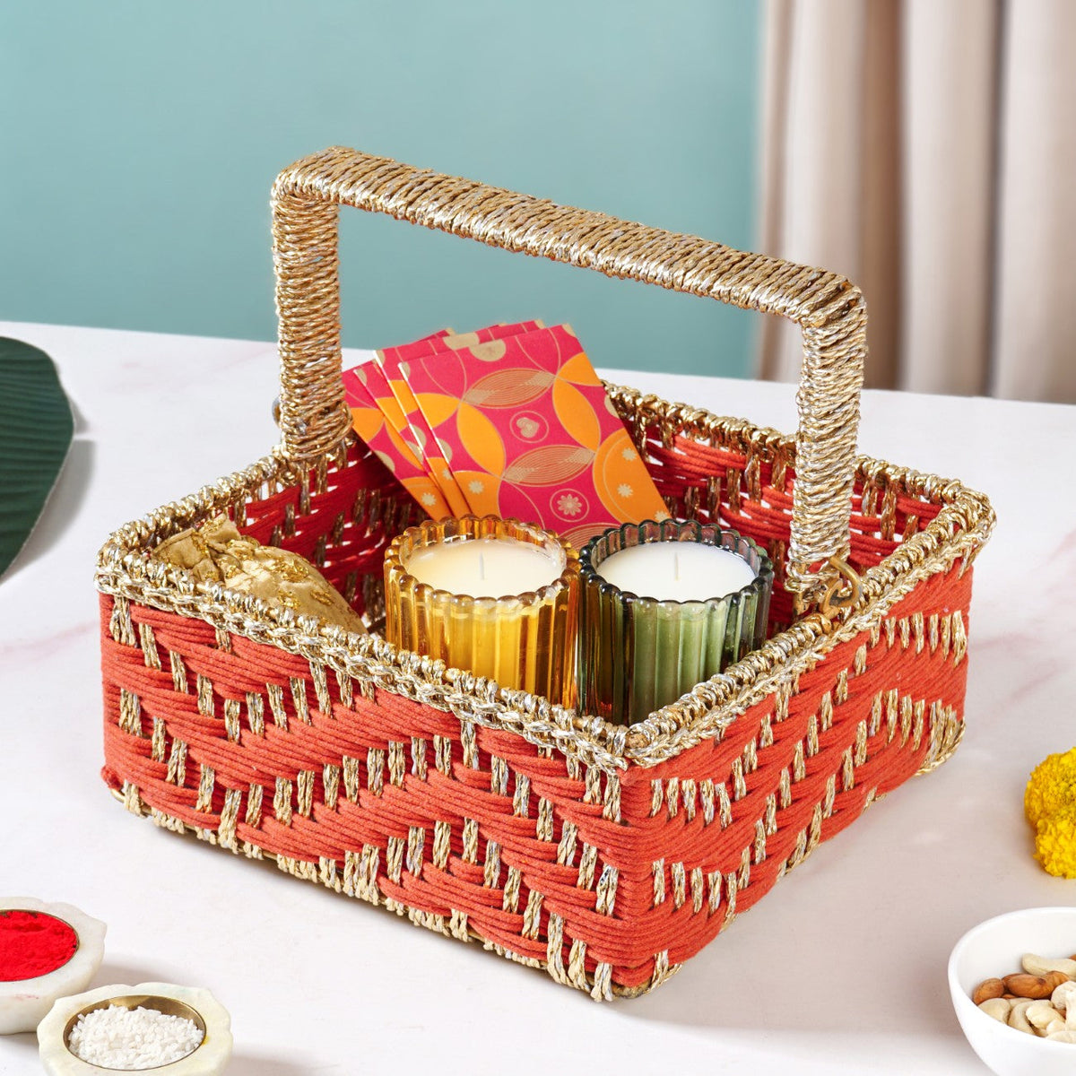 Decorative Handwoven Gift Basket With Handle Orange Nestasia