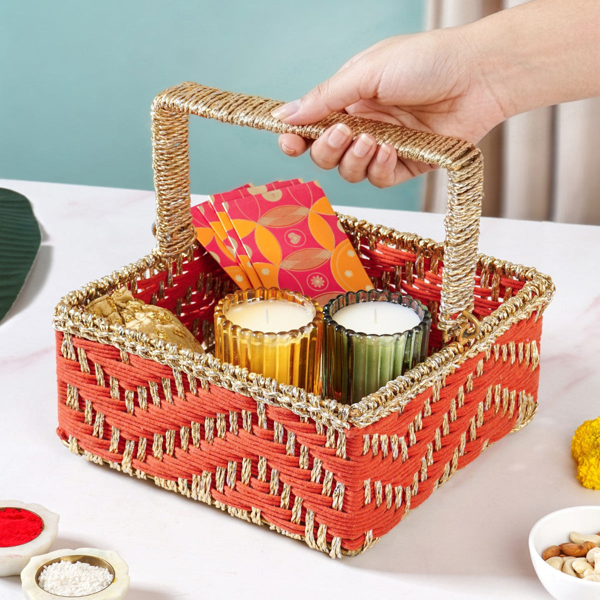 Decorative Handwoven Gift Basket With Handle Orange Nestasia
