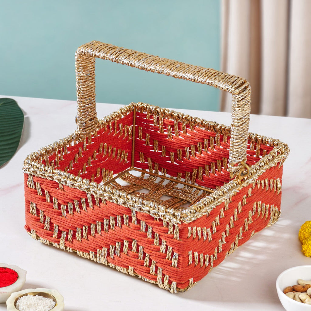 Decorative Handwoven Gift Basket With Handle Orange Nestasia