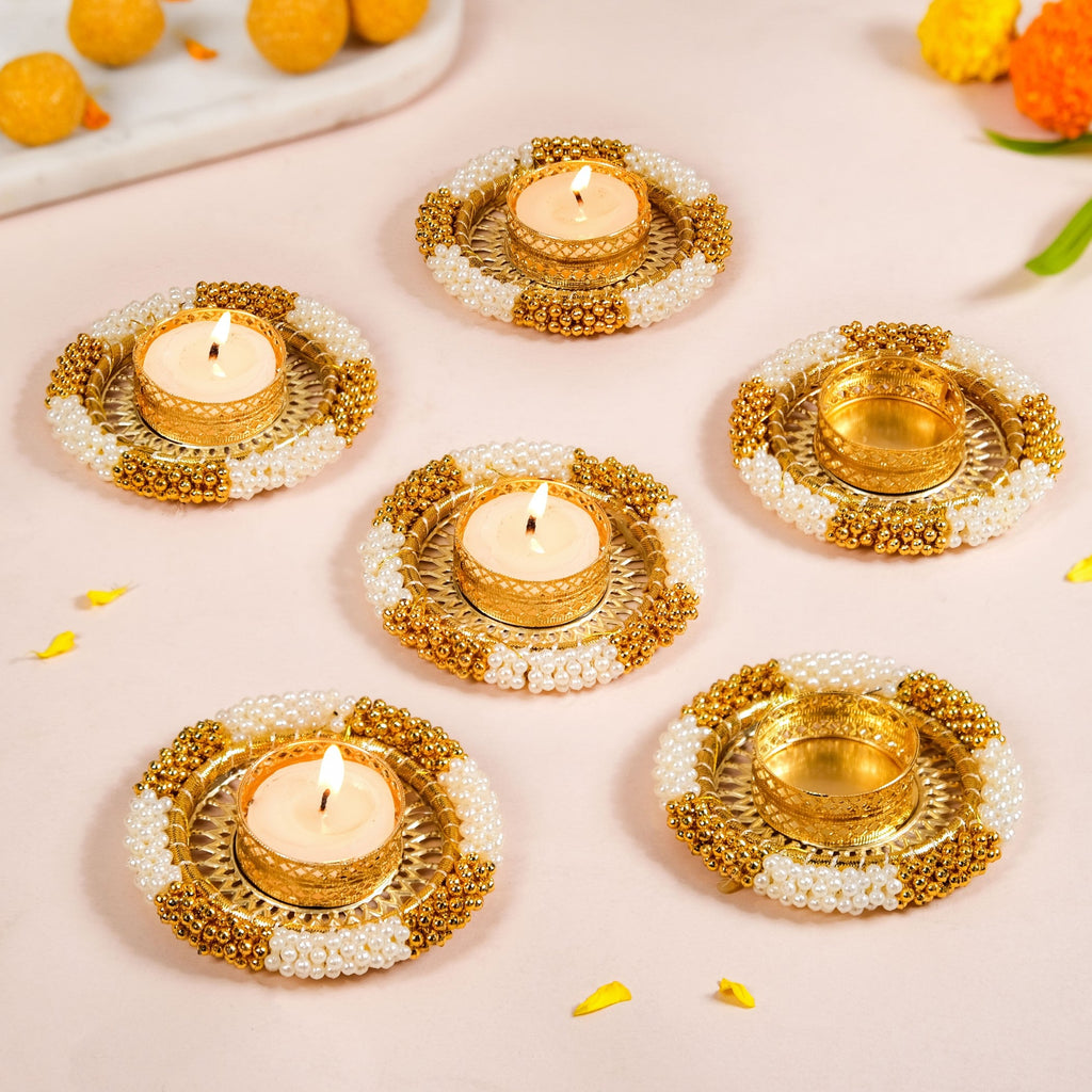 Decorative Pearl Gold Beaded Tealight Holders Set Of 6 Nestasia