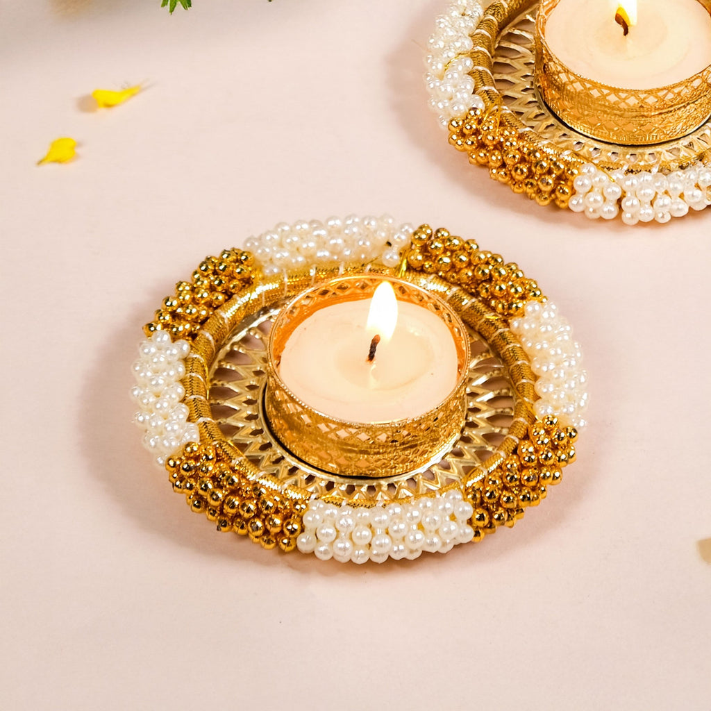 Decorative Pearl Gold Beaded Tealight Holders Set Of 6 Nestasia