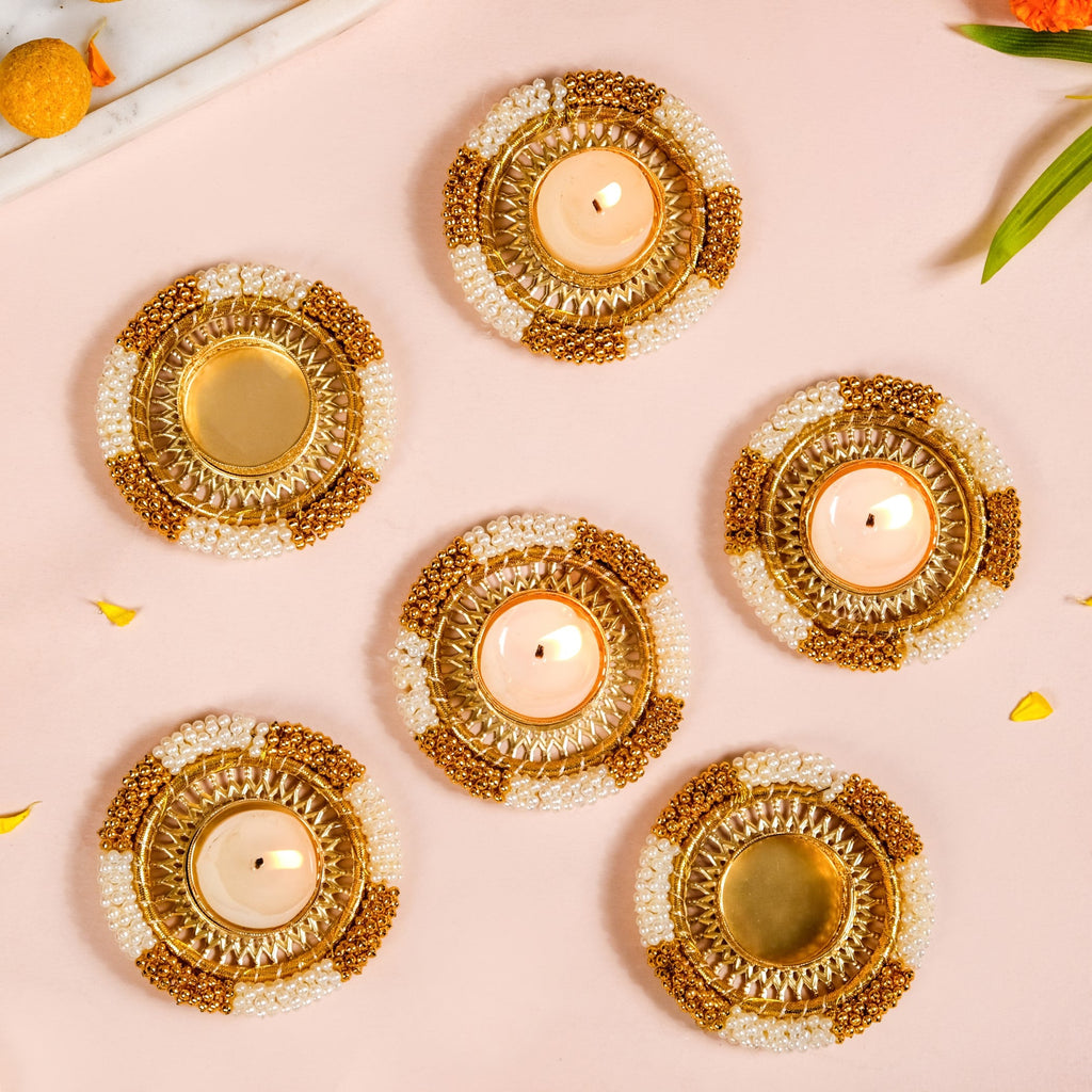 Decorative Pearl Gold Beaded Tealight Holders Set Of 6 Nestasia