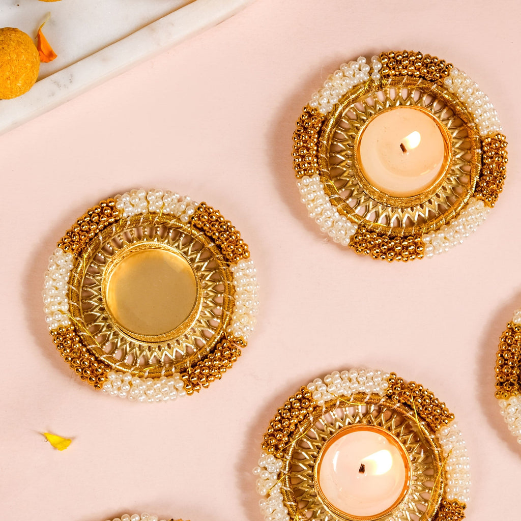 Decorative Pearl Gold Beaded Tealight Holders Set Of 6 Nestasia