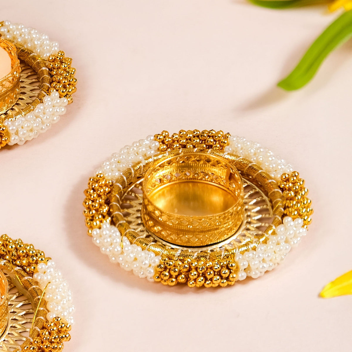 Decorative Pearl Gold Beaded Tealight Holders Set Of 6 Nestasia